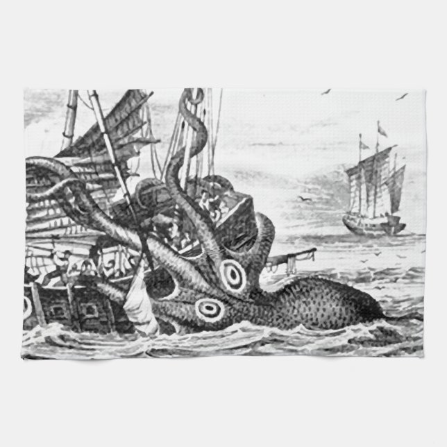 Kraken/Octopus Eatting A Pirate Ship, Black/White Kitchen Towel (Horizontal)
