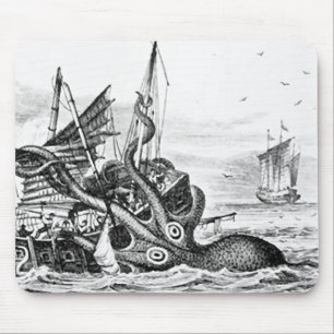 Kraken/Octopus Eatting A Pirate Ship, Black/White Mouse Pad