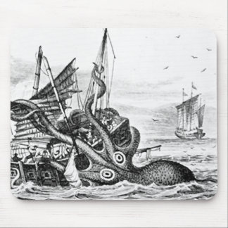 Kraken/Octopus Eatting A Pirate Ship, Black/White Mouse Pad