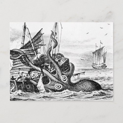 KrakenOctopus Eatting A Pirate Ship BlackWhite Postcard
