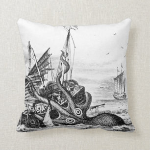 Kraken/Octopus Eatting A Pirate Ship, Black/White Throw Pillow