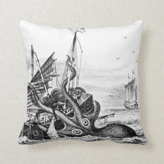 Kraken/Octopus Eatting A Pirate Ship, Black/White Throw Pillow