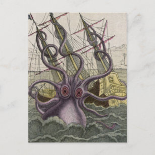 Kraken/Octopus Eatting A Pirate Ship, Color Postcard