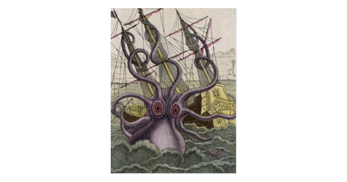 Kraken Octopus Eatting A Pirate Ship Color Postcard
