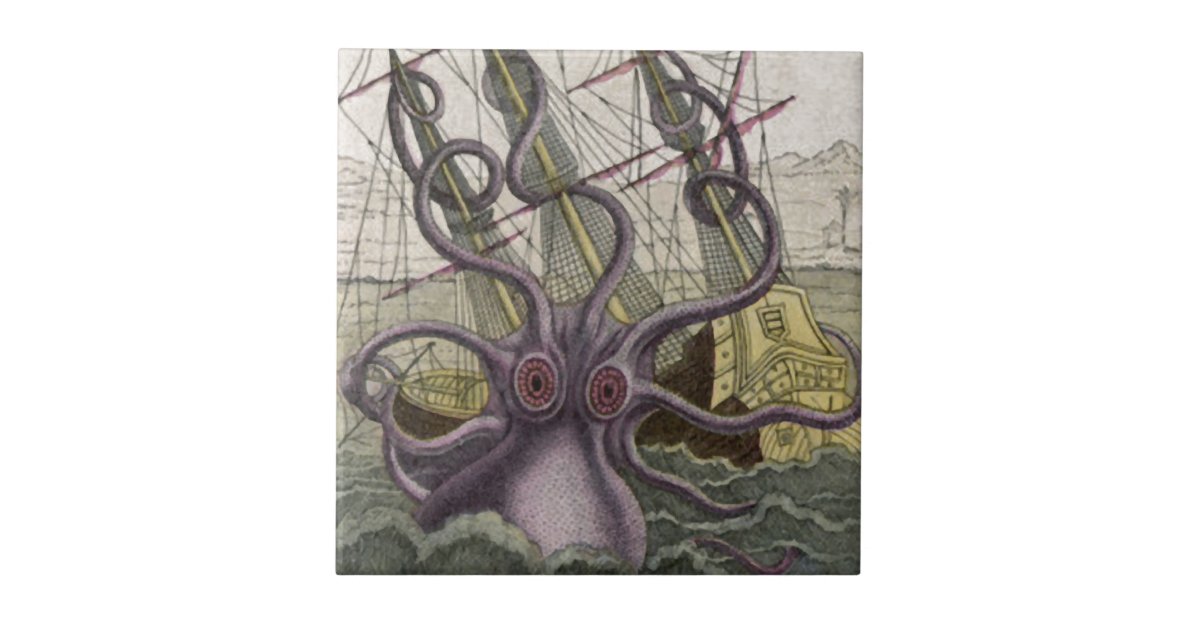 Kraken Octopus Eatting A Pirate Ship Color Tile Zazzle Com