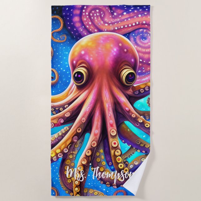 Kraken Octopus with Personalized Name Beach Towel (Front)