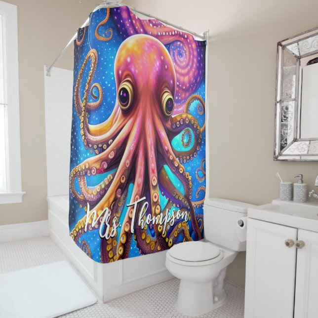Kraken Octopus with Personalized Name Shower Curtain (In Situ)