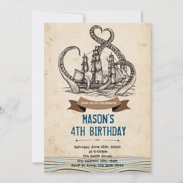 Kraken pirate octopus birthday invitation (Front)