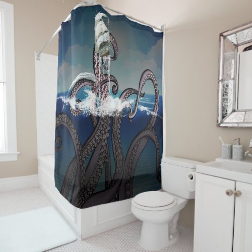 Kraken Sea Monster Attacks Ship at Sea Shower Curtain