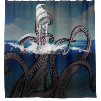 Sea Monster Shower Curtains | Zazzle - Kraken Sea Monster Attacks Ship at Sea Shower Curtain