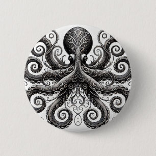 Kraken Steampunk Octopus Ornate Black Button