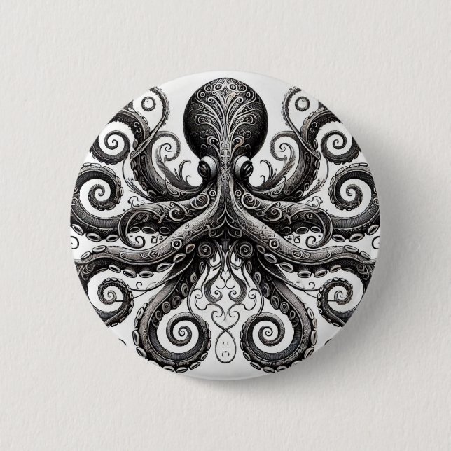 Kraken Steampunk Octopus Ornate Black Button (Front)