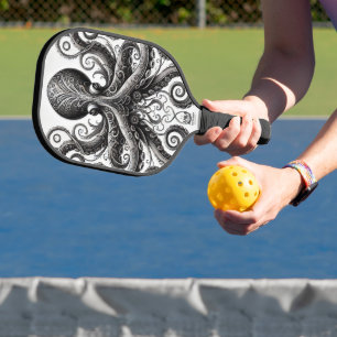 Kraken Steampunk Octopus Ornate Black Carbon Fiber Pickleball Paddle