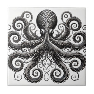 Kraken Steampunk Octopus Ornate Black Ceramic Tile
