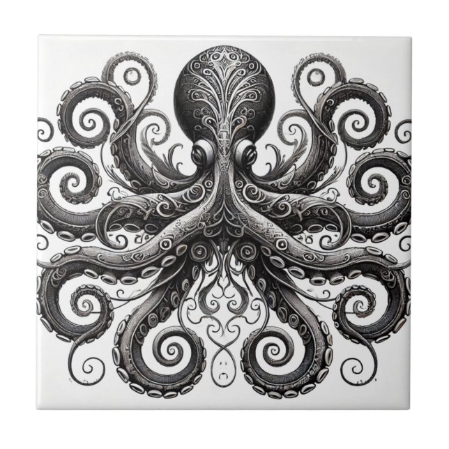 Kraken Steampunk Octopus Ornate Black Ceramic Tile (Front)