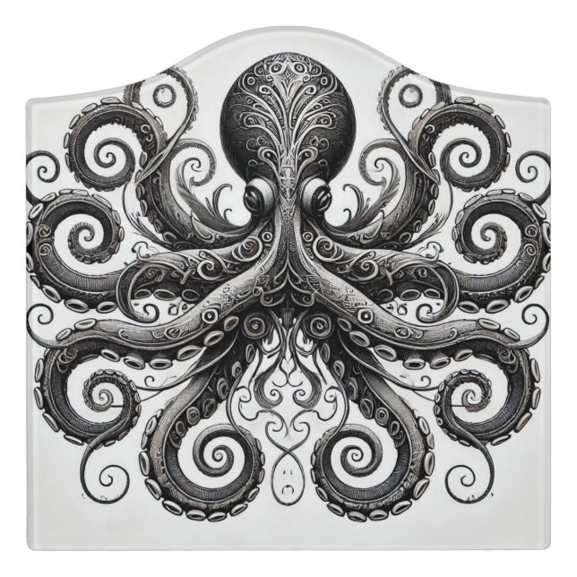 Kraken Steampunk Octopus Ornate Black Door Sign (Large Crest Front)