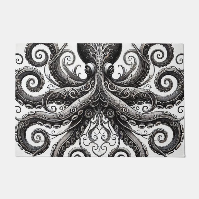 Kraken Steampunk Octopus Ornate Black Doormat (Front)