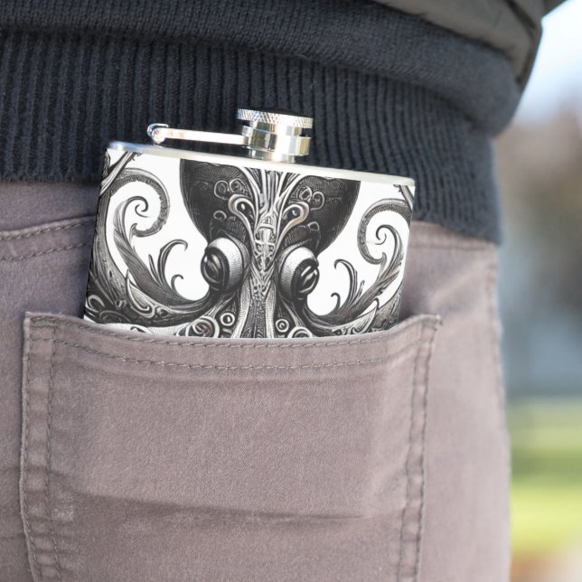 Kraken Steampunk Octopus Ornate Black Flask (In Situ)