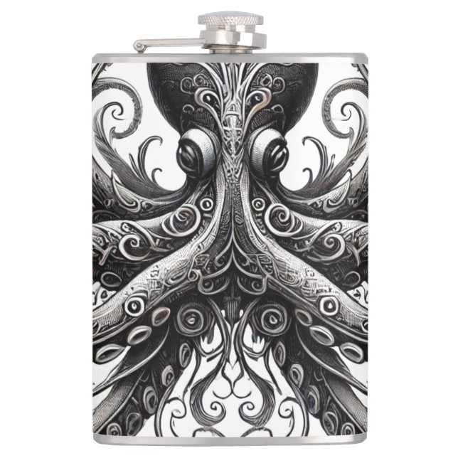 Kraken Steampunk Octopus Ornate Black Flask (Front)