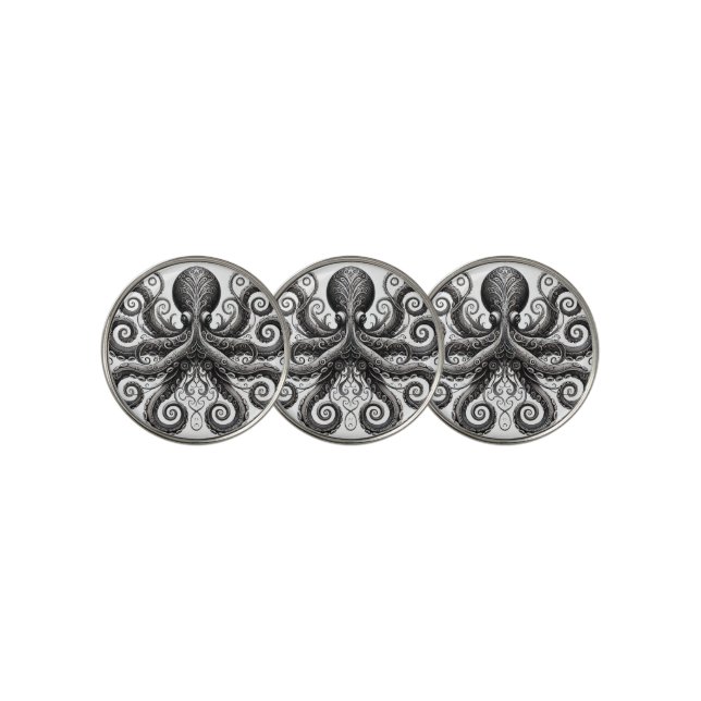 Kraken Steampunk Octopus Ornate Black Golf Ball Marker (3 Up)