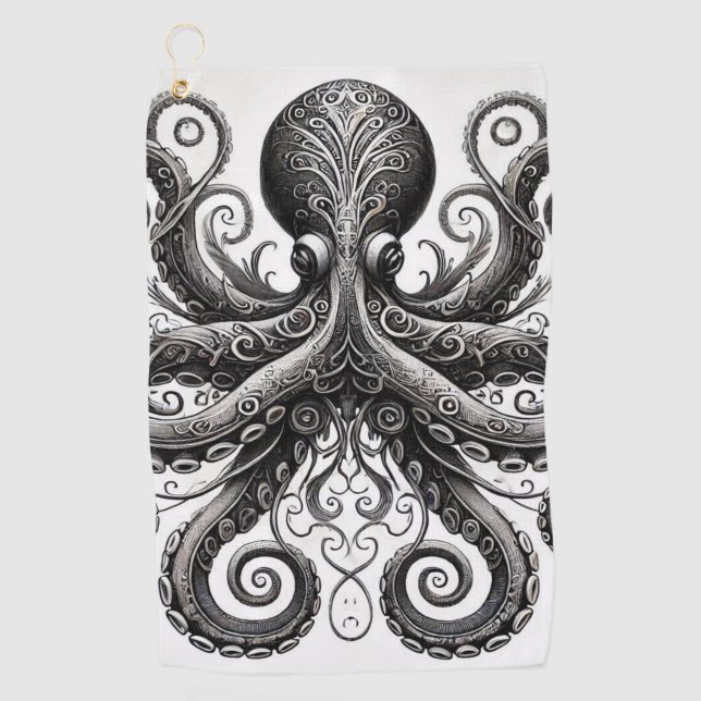 Kraken Steampunk Octopus Ornate Black Golf Towel (Front)