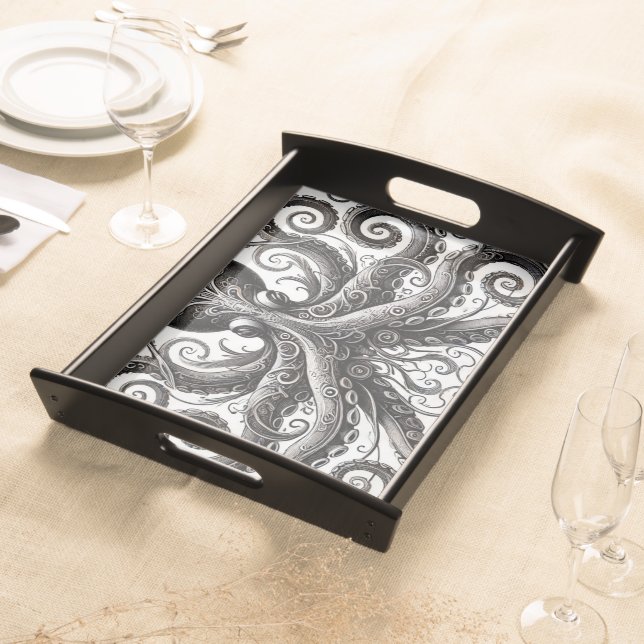 Kraken Steampunk Octopus Ornate Black Serving Tray (Front)