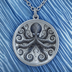 Kraken Steampunk Octopus Ornate Black Silver Plated Necklace