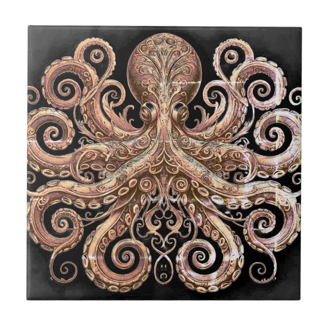 Kraken Steampunk Octopus Ornate Gold and Black Ceramic Tile (Front)
