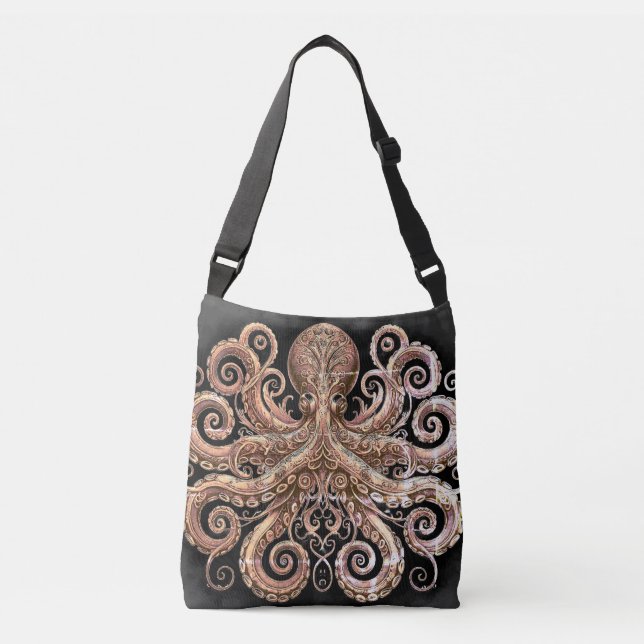 Kraken Steampunk Octopus Ornate Gold and Black Crossbody Bag (Front)