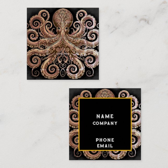 Kraken Steampunk Octopus Ornate Gold and Black Square Business Card (Front/Back)