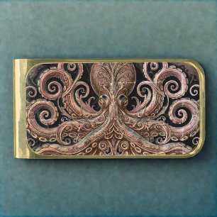 Kraken Steampunk Octopus Ornate Gold Black Finish Money Clip
