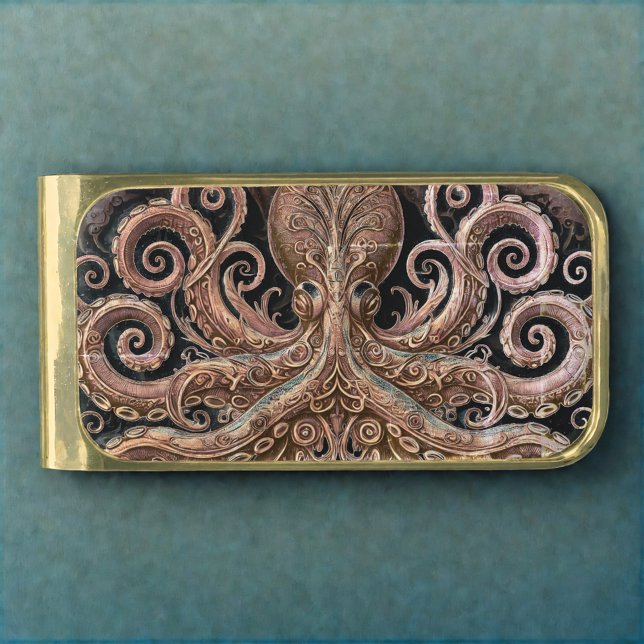 Kraken Steampunk Octopus Ornate Gold Black Gold Finish Money Clip (Creator Uploaded)
