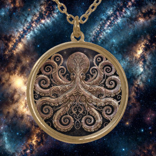 Kraken Steampunk Octopus Ornate Gold Black Gold Plated Necklace