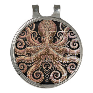 Kraken Steampunk Octopus Ornate Gold Black Golf Hat Clip