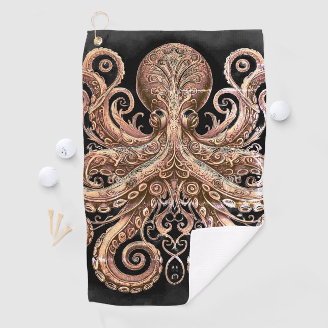Kraken Steampunk Octopus Ornate Gold Black Golf Towel (InSitu)