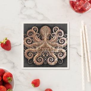 Kraken Steampunk Octopus Ornate Gold Black Napkins