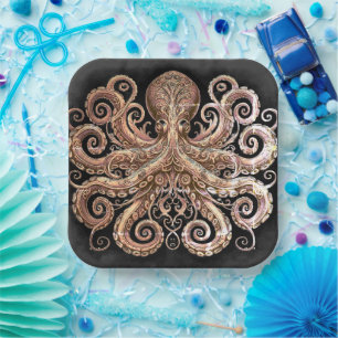 Kraken Steampunk Octopus Ornate Gold Black Paper Plates