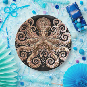 Kraken Steampunk Octopus Ornate Gold Black Paper Plates
