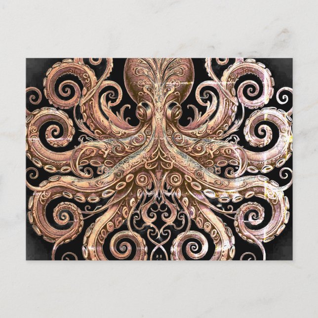 Kraken Steampunk Octopus Ornate Gold Black Postcard (Front)