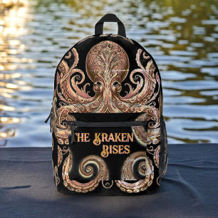 Kraken Steampunk Octopus Ornate Gold Black Printed Backpack