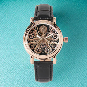 Kraken Steampunk Octopus Ornate Gold Black Watch