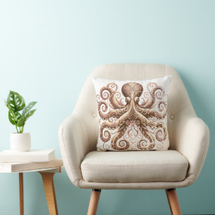 Kraken Steampunk Octopus Ornate Gold White Throw Pillow