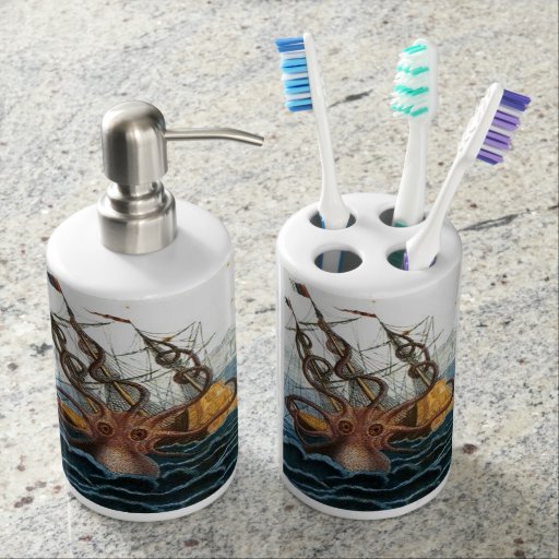 Kraken | Steampunk Vintage Giant Octopus Nautical Soap Dispenser And Toothbrush Holder