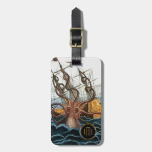 Kraken Steampunk Vintage Octopus 3 Letter Monogram Luggage Tag