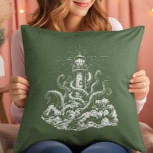 Kraken Swallowing a Light House On Green Linen Throw Pillow