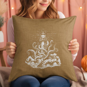 Kraken Swallowing a Light House On Tan Linen Throw Pillow