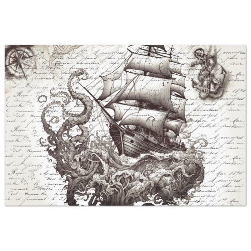 Kraken vs pirate ship nautical theme tissue paper