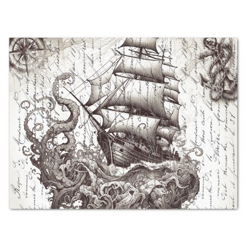 Kraken vs pirate ship nautical theme tissue paper