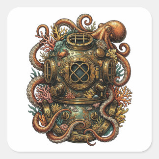 Kraken's Embrace - Vintage Dive Helmet Square Sticker