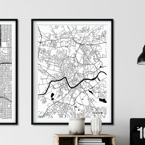 Krakow Map Black and White Minimal City Map Poster